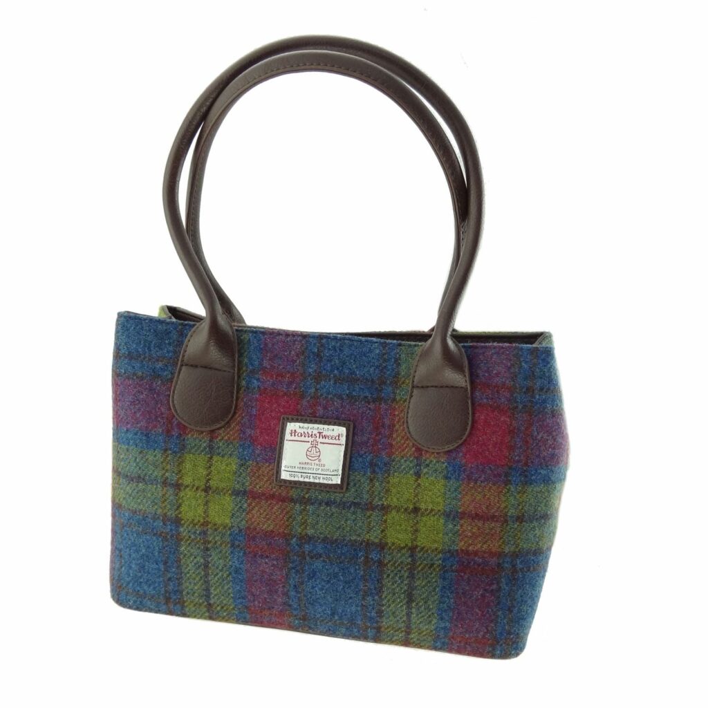 Cassley Classic Handbag with Harris Tweed Blue, Purple & Lime Check - COL46 | Harris Tweed Scotland