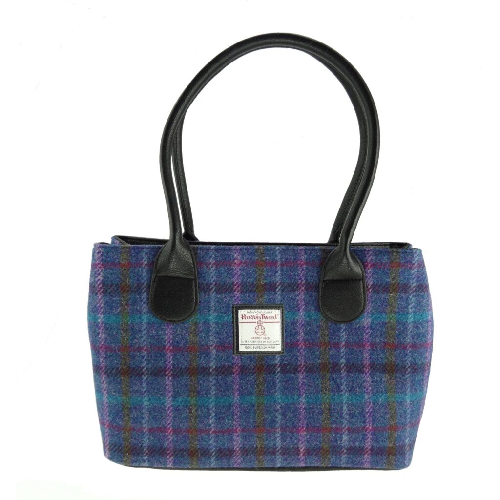 Cassley Classic Handbag with Harris Tweed Blue, Purple & Black Check - COL51 | Harris Tweed Scotland