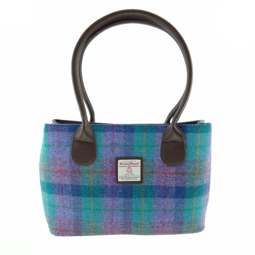 Cassley Classic Handbag with Harris Tweed Blue & Purple Check - COL79 | Harris Tweed Scotland