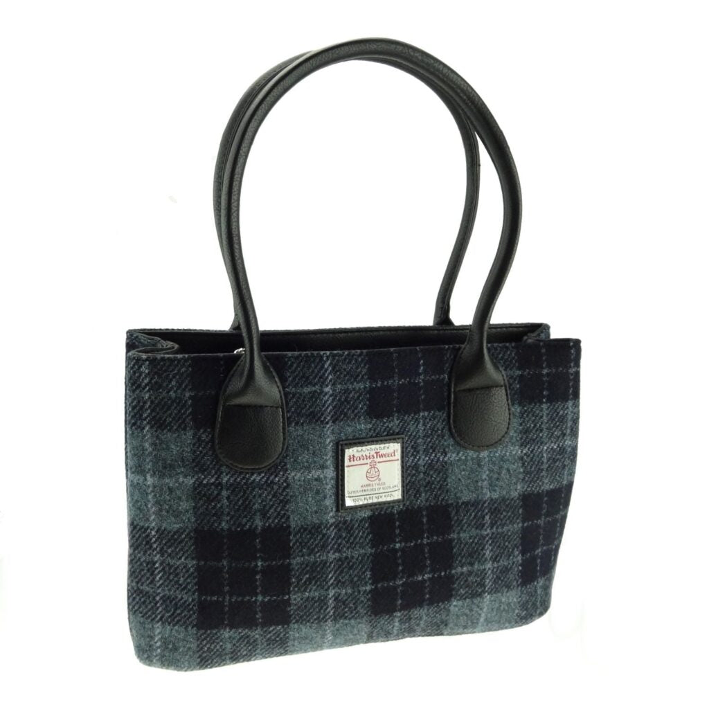 Cassley Classic Handbag with Harris Tweed Blue & Black Check Fabric - COL95 | Harris Tweed Scotland
