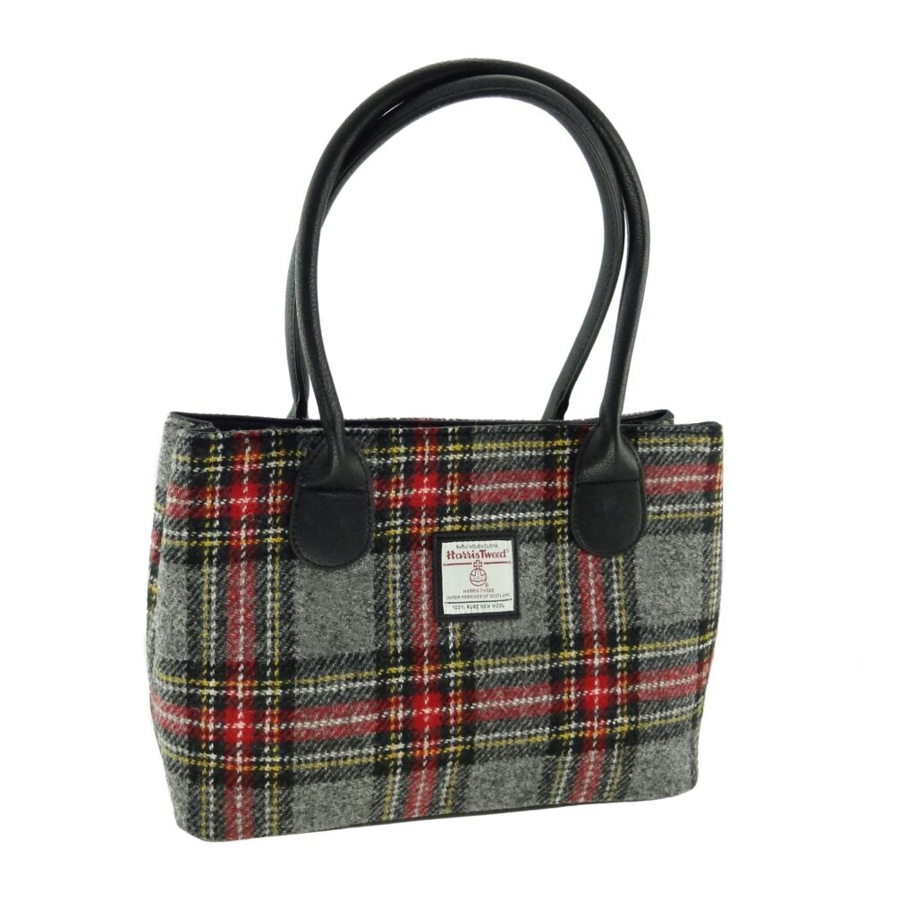 Cassley Classic Handbag with Harris Tweed Grey, Red & Yellow Check Check Fabric - COL96 | Harris Tweed Scotland