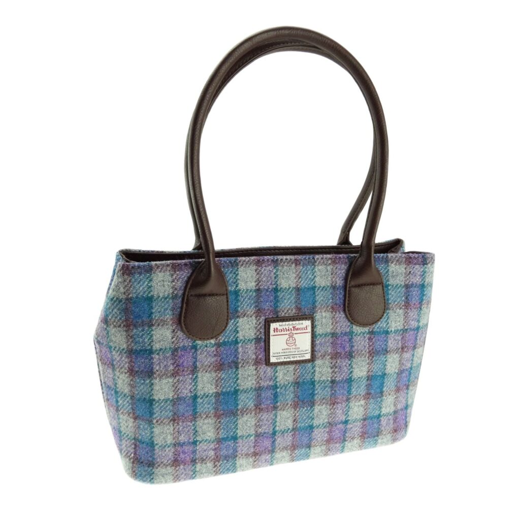 Cassley Classic Handbag with Harris Tweed Blue & Purple Check Fabric - COL98 | Harris Tweed Scotland