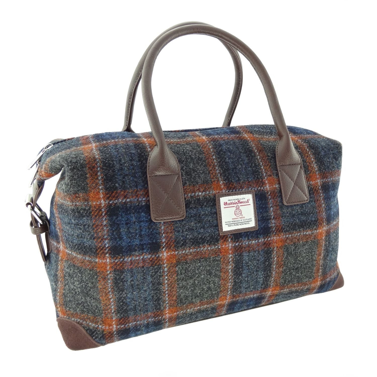 Esk Overnight Bag with Harris Tweed Blue, Orange & Brown Check Fabric | Harris Tweed Scotland