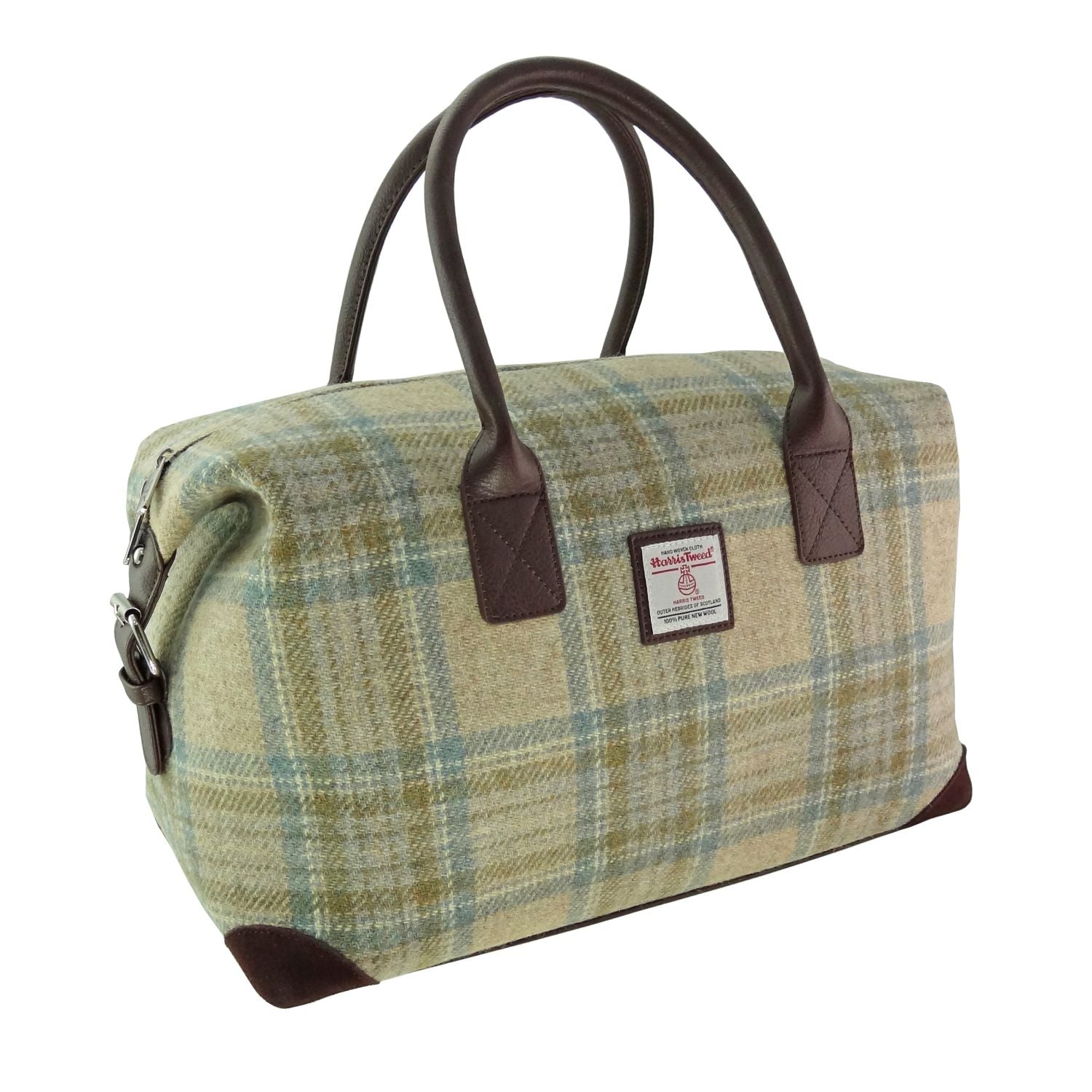 Esk Overnight Bag with Harris Tweed Brown, Beige & Green Check Fabric - COL032