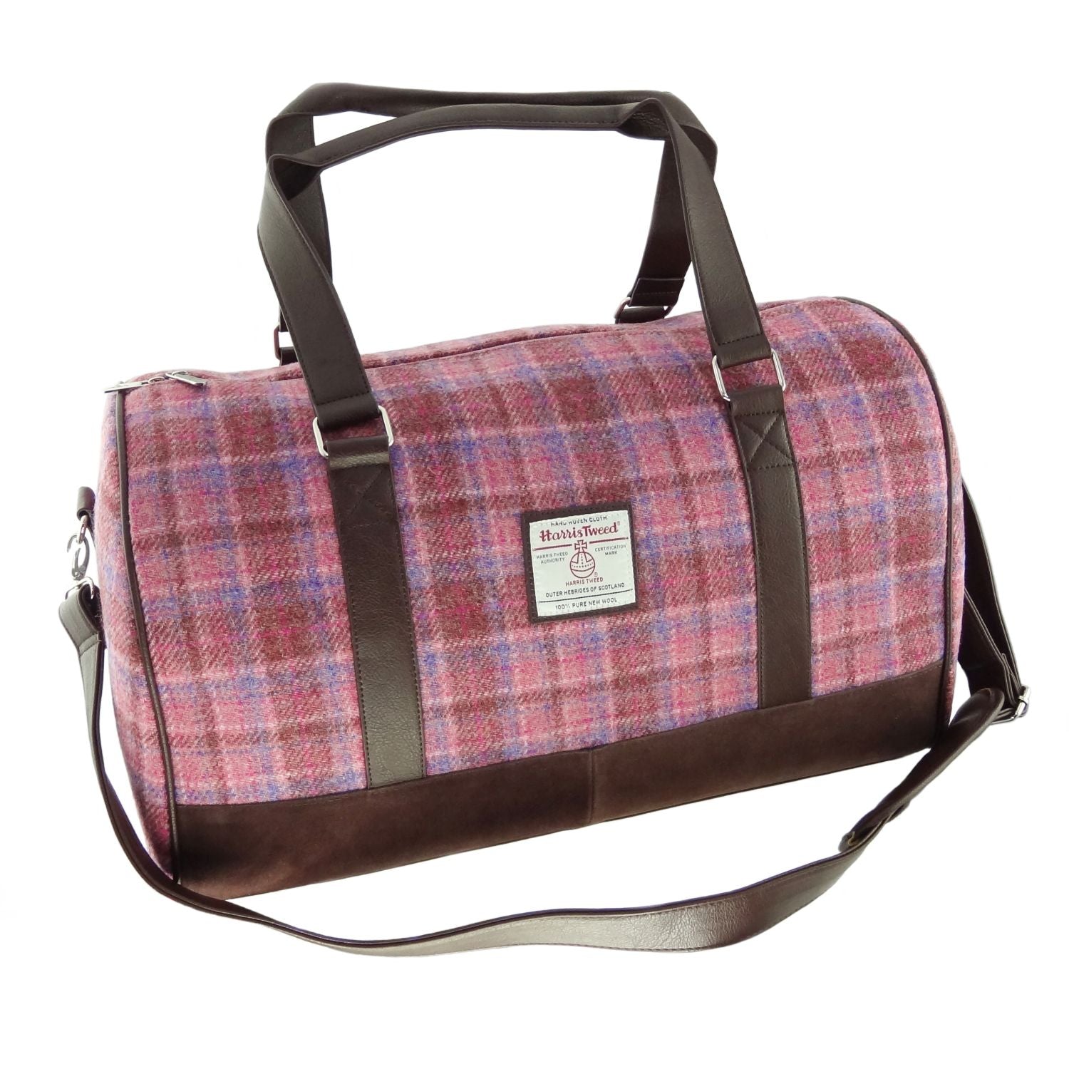 Clyde Weekend Bag with Harris Tweed Pink & Purple Check Fabric - COL103 | Harris Tweed Scotland