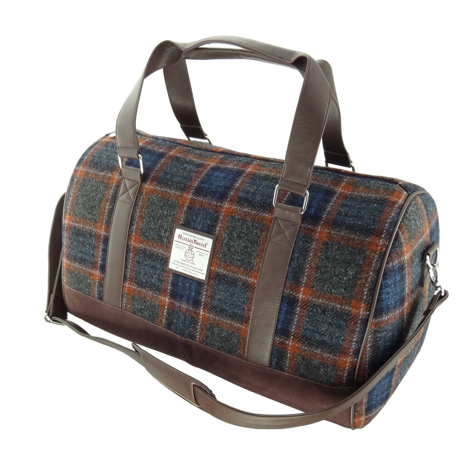 Clyde Weekend Bag with Harris Tweed Navy Blue & Orange Fabric - COL127 | Harris Tweed Scotland