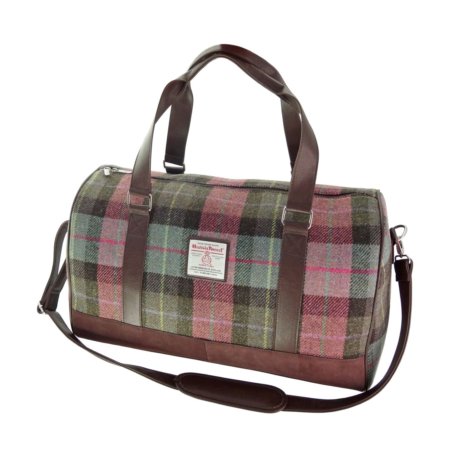 Clyde Weekend Bag with Harris Tweed Green, Purple & Brown Check Fabric - COL137 | Harris Tweed Scotland