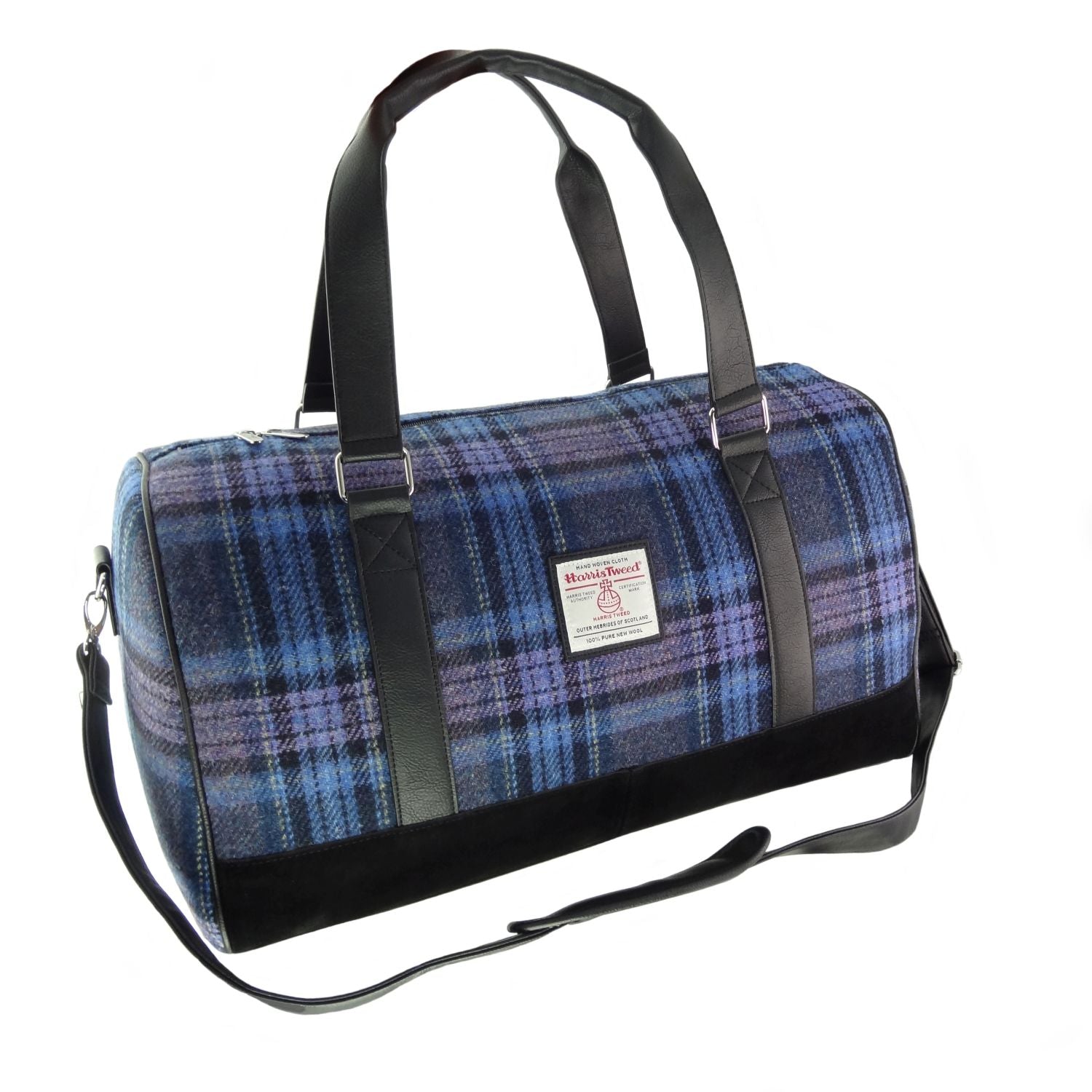 Clyde Weekend Bag with Harris Tweed Blue, Purple & Black Check Fabric - COL143 | Harris Tweed Scotland