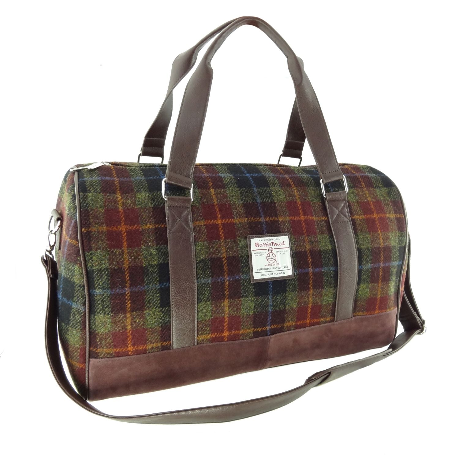 Clyde Weekend Bag with Harris Tweed Green, Blue & Burgundy Check Fabric - COL59 | Harris Tweed Scotland