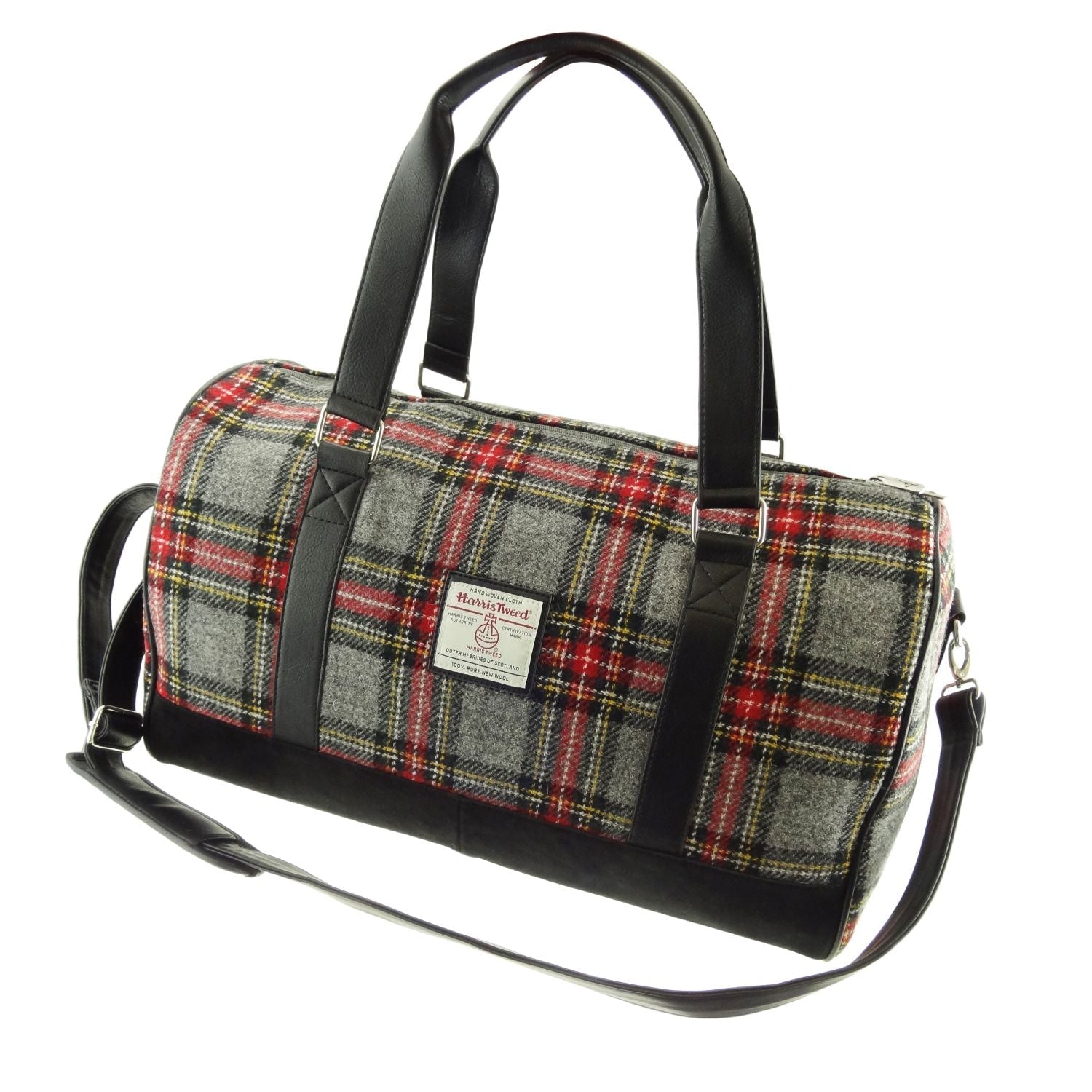 Clyde Weekend Bag with Harris Tweed Grey, Red & Black Check Fabric - COL96 | Harris Tweed Scotland