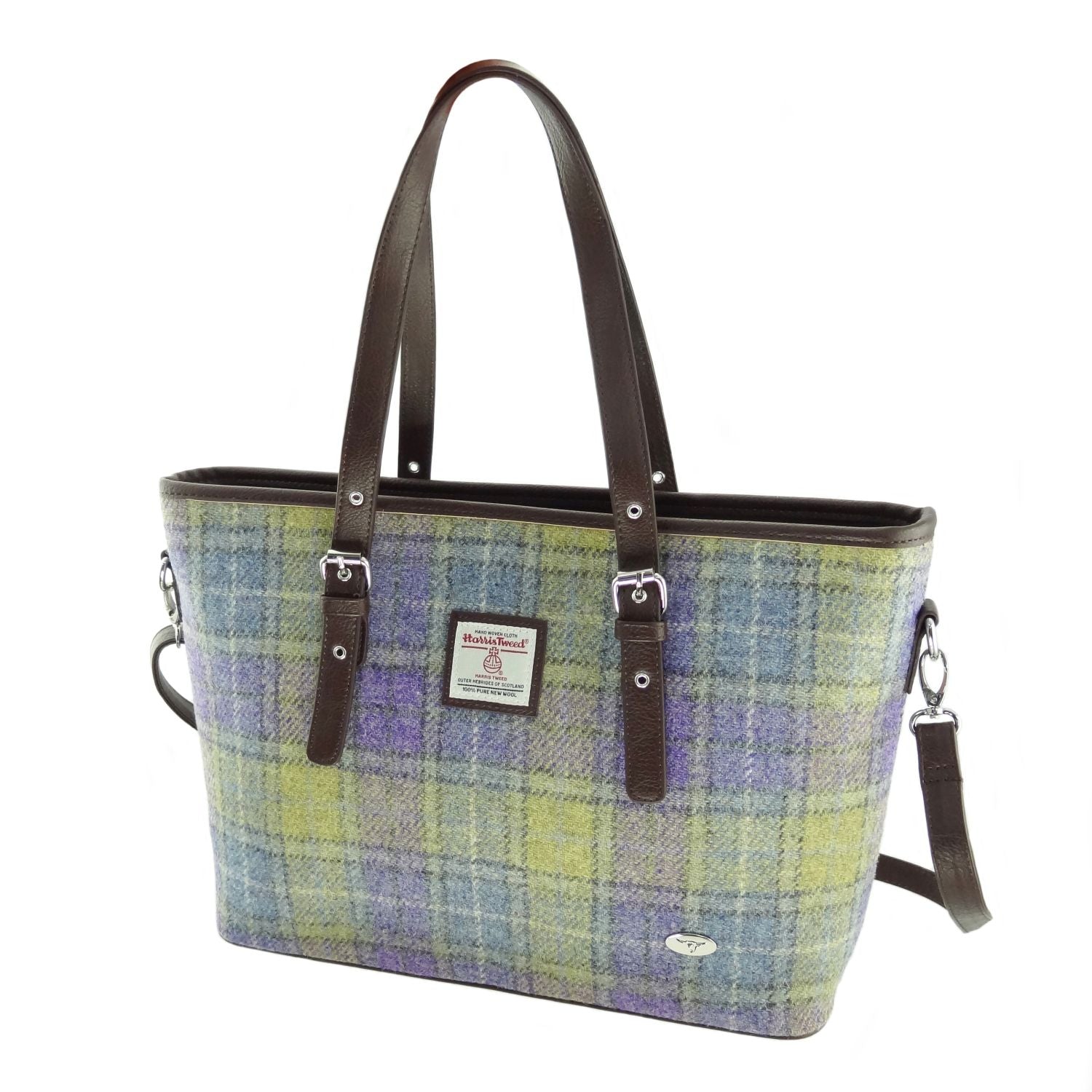Spey Tote Bag with Shoulder Strap & Harris Tweed Purple Green Check Fabric - COL112 | Harris Tweed Scotland