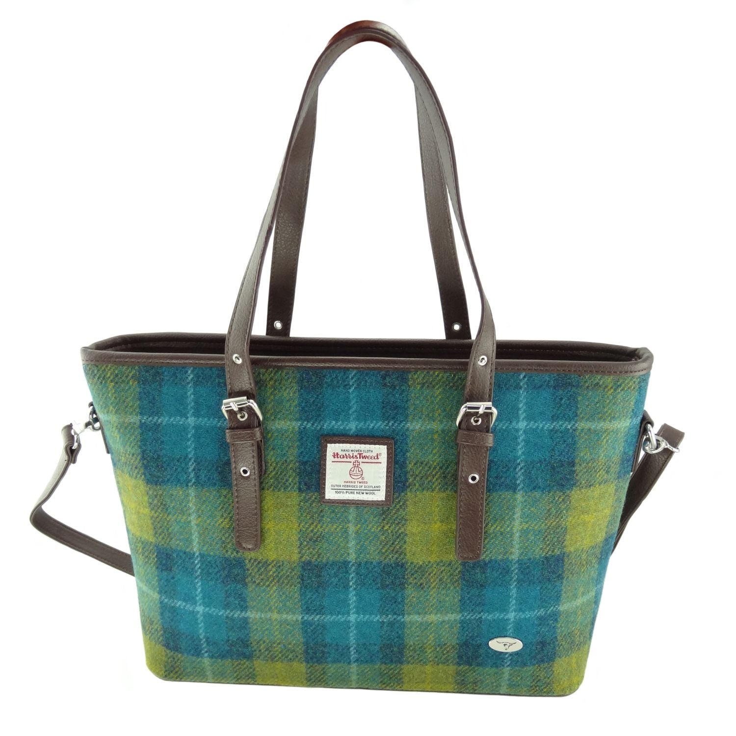 Spey Tote Bag with Shoulder Strap & Harris Tweed Blue Green Check Fabric - COL114 | Harris Tweed Scotland