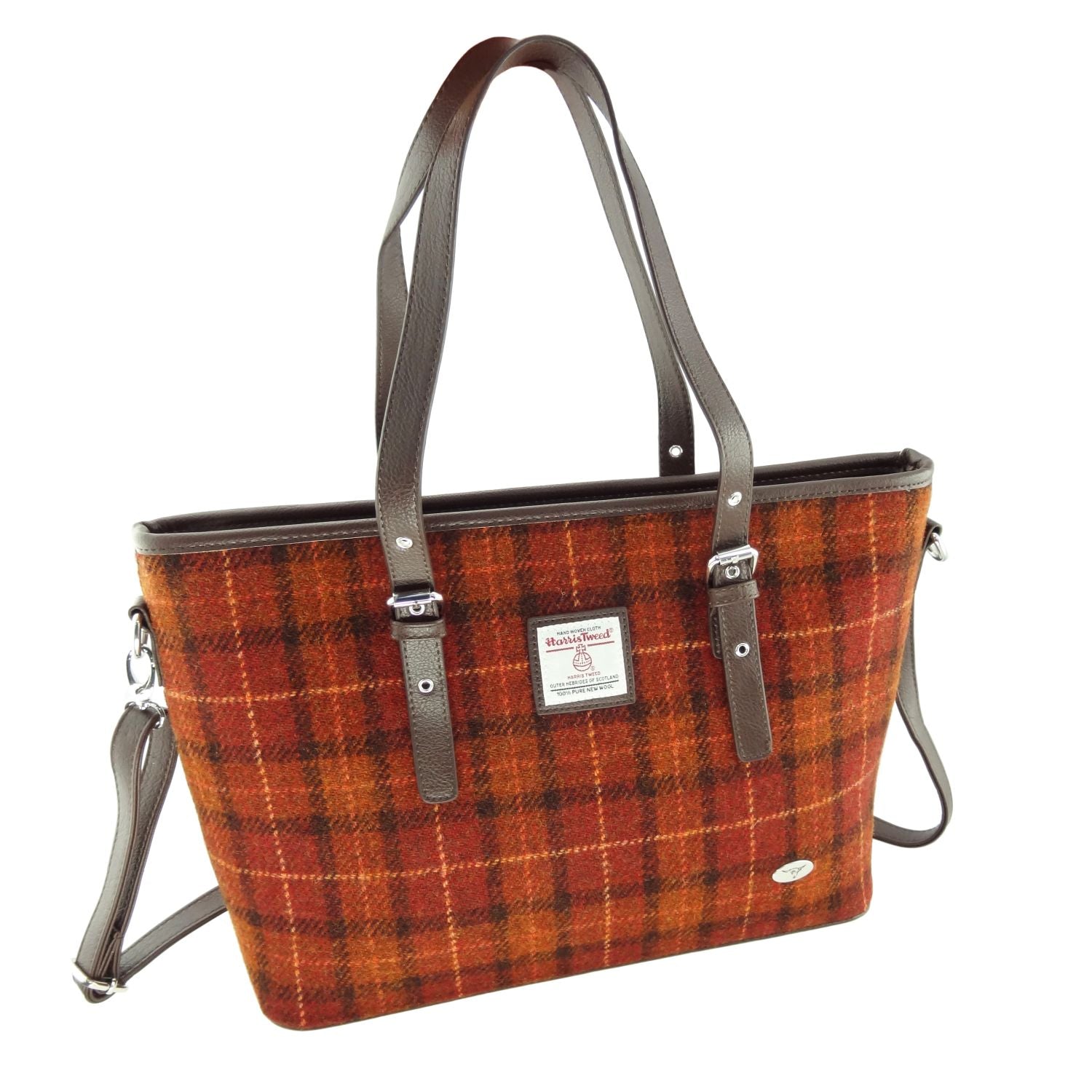 Spey Tote Bag with Shoulder Strap & Harris Tweed Burnt Orange & Brown Check Fabric | Harris Tweed Scotland
