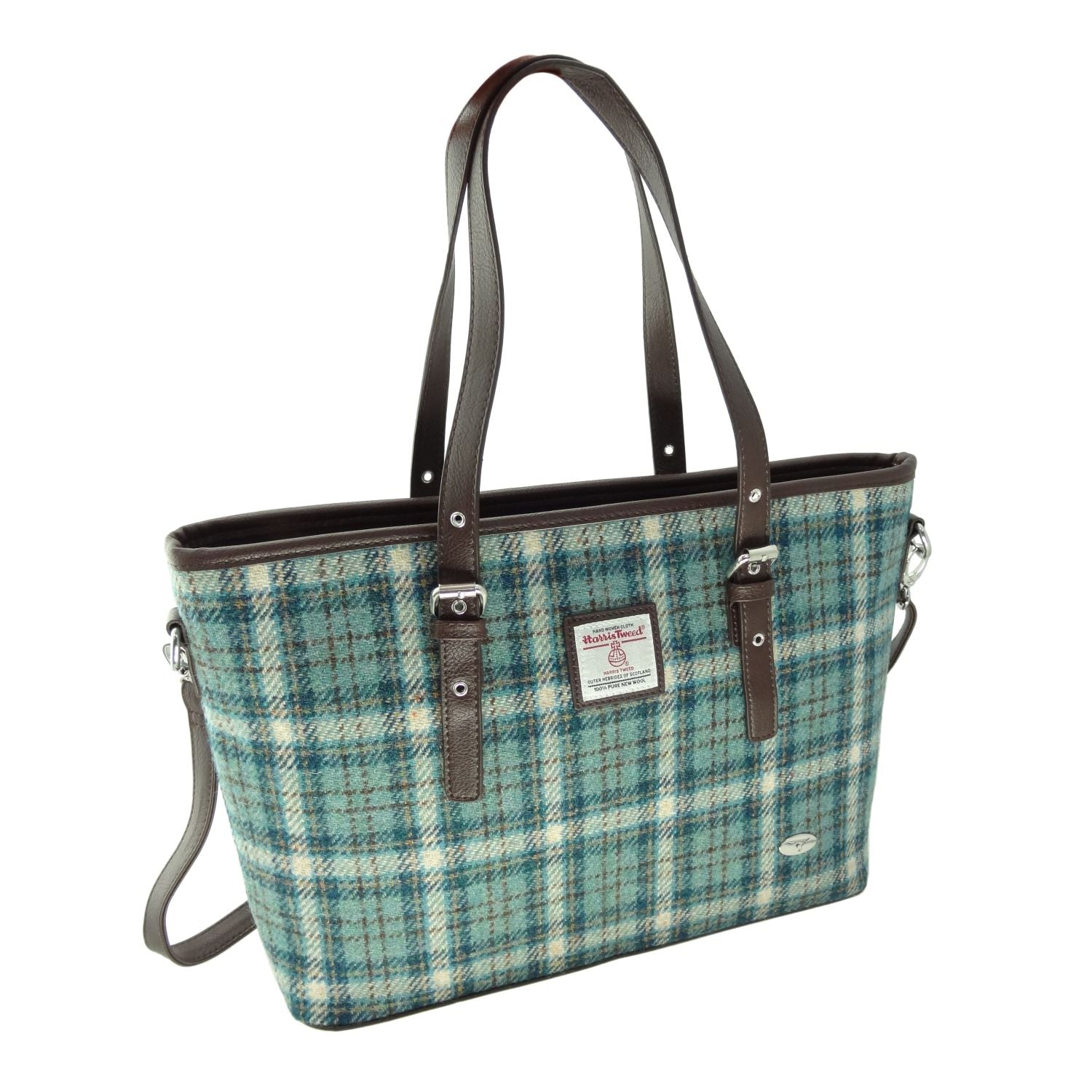 Spey Tote Bag with Brown Shoulder Strap & Harris Tweed Blue Check - COL121 | Harris Tweed Scotland