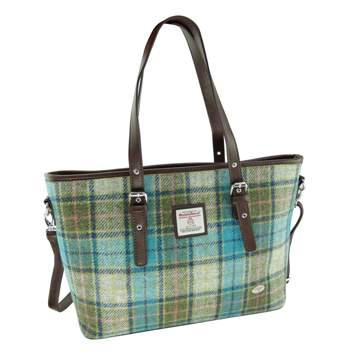 Spey Tote Bag with Shoulder Strap & Harris Tweed Blue Green Check Fabric - COL122 | Harris Tweed Scotland