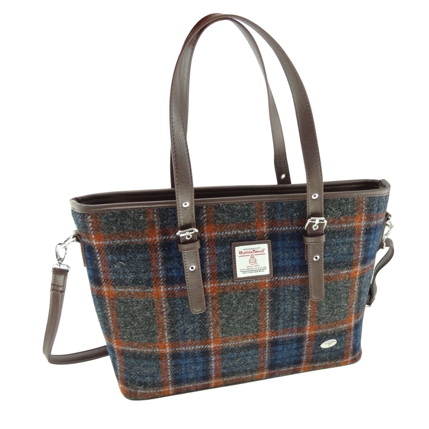 Spey Tote Bag with Harris Tweed Navy Blue & Orange Check - COL127 | Harris Tweed Scotland