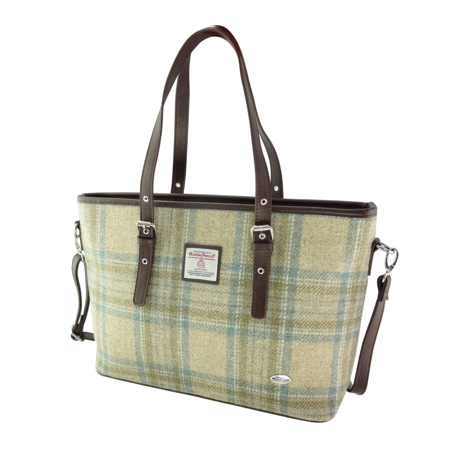 Spey Tote Bag with Shoulder Strap & Harris Tweed Beige Blue & Brown - COL132 | Harris Tweed Scotland