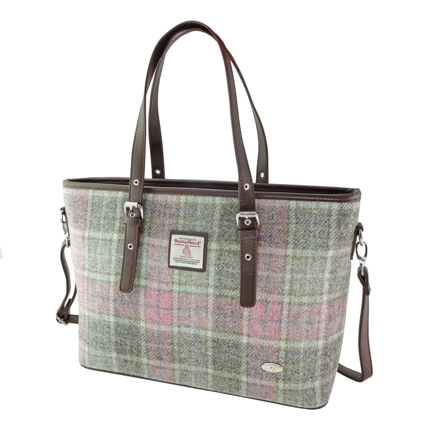 Spey Tote Bag with Shoulder Strap & Harris Tweed Mint Green Purple Check - COL134 | Harris Tweed Scotland