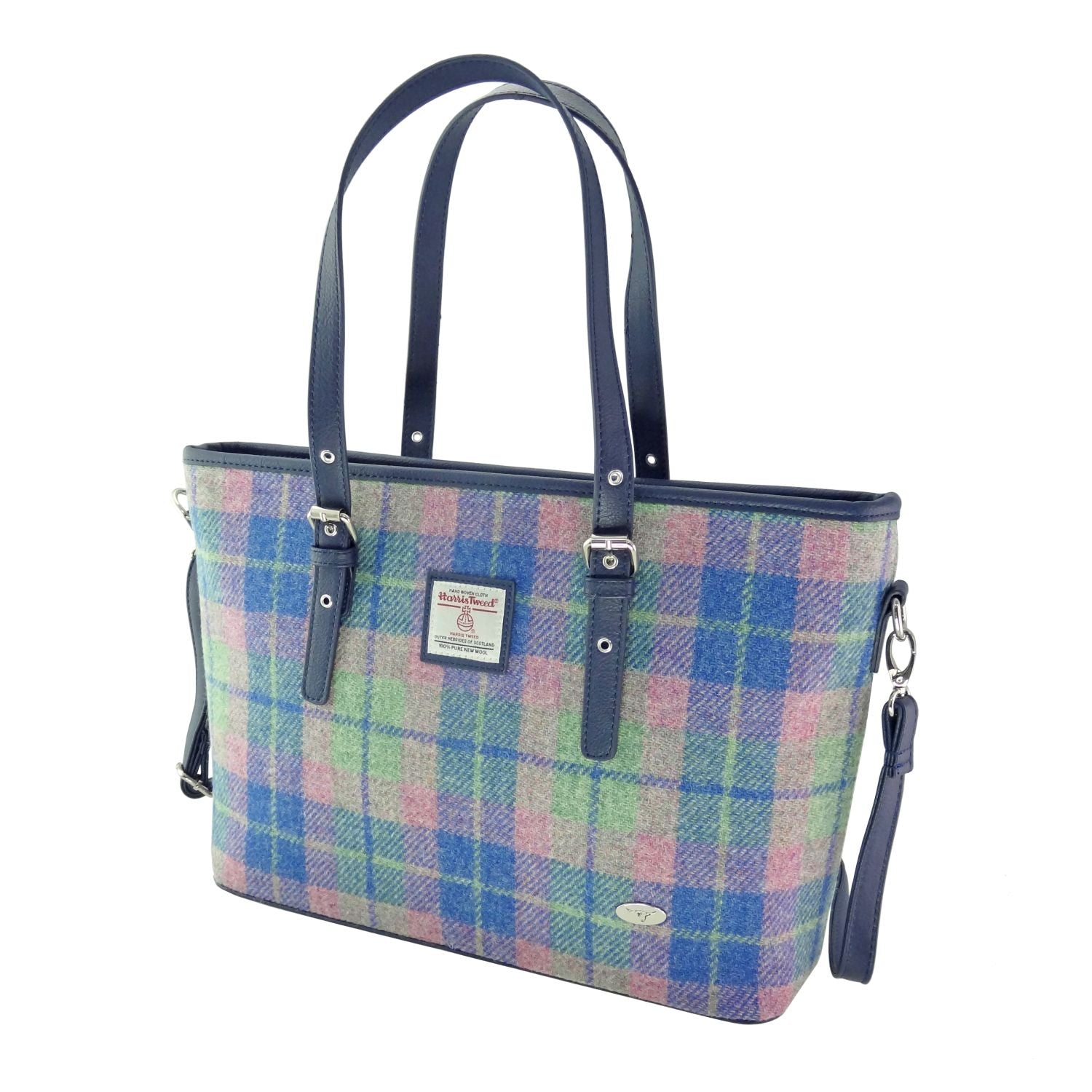 Spey Tote Bag with Shoulder Strap & Harris Tweed Blue Purple & Mint Green Fabric - COL135 | Harris Tweed Scotland