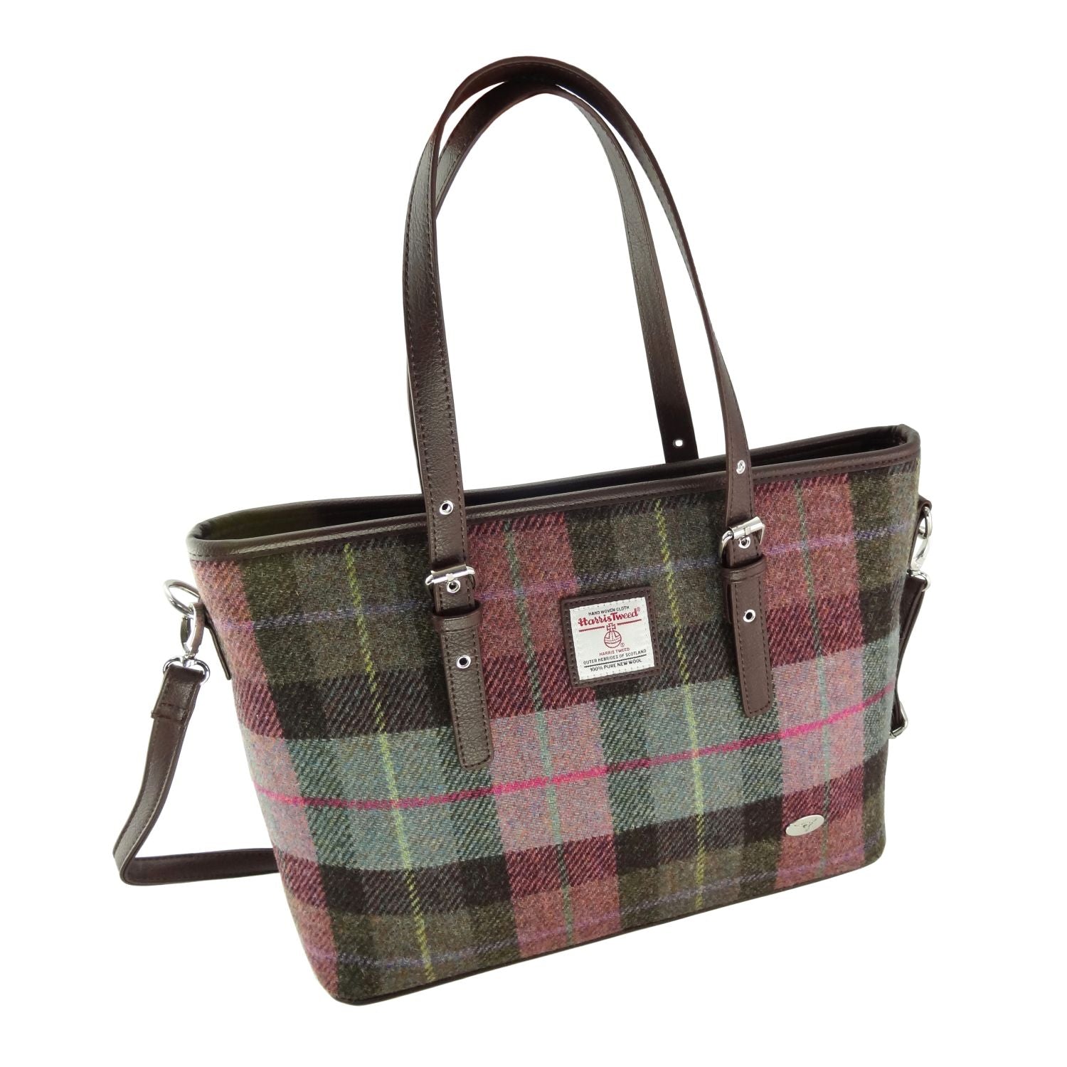 Spey Tote Bag with Shoulder Strap & Harris Tweed Green, Purple & Brown Fabric - COL137 | Harris Tweed Scotland