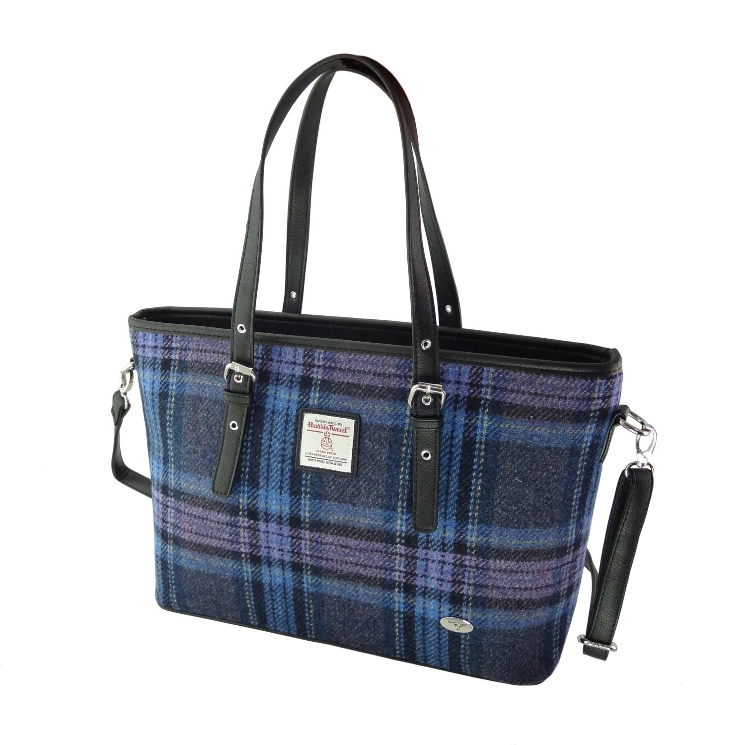 Spey Tote Bag with Shoulder Strap & Harris Tweed Navy Blue Purple Check Fabric - COL143 | Harris Tweed Scotland