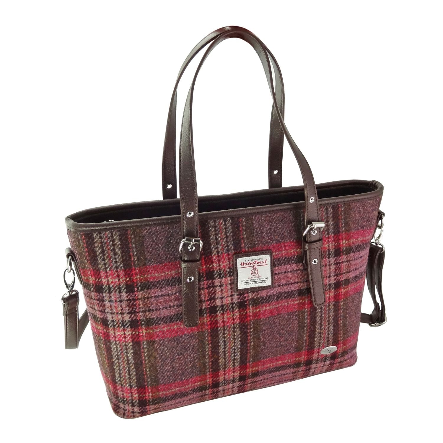 Spey Tote Bag with Brown Shoulder Strap & Harris Tweed Purple & Burgundy Check Fabric - COL144 | Harris Tweed Scotland