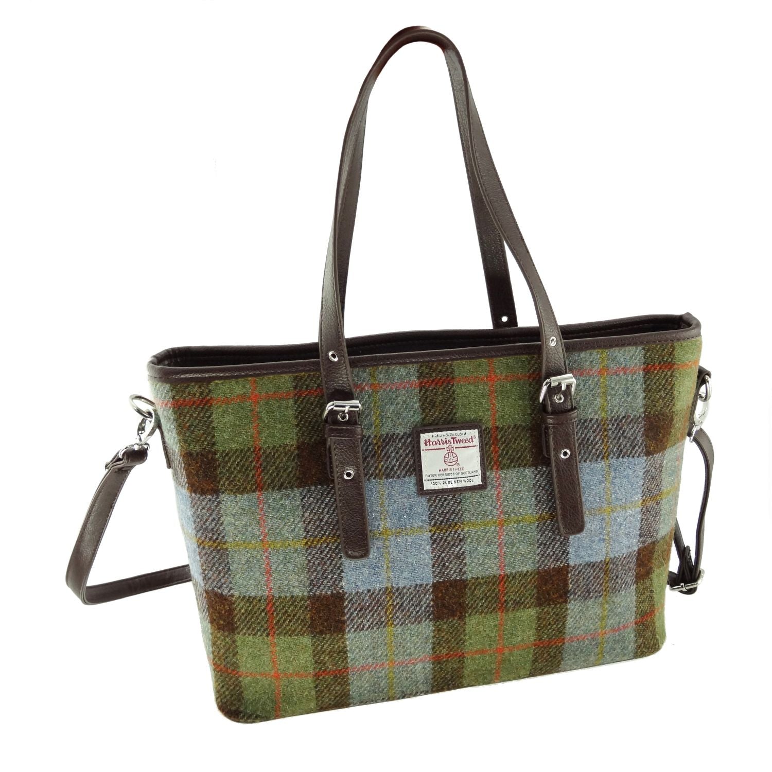 Spey Tote Bag with Shoulder Strap & Harris Tweed Green, Brown Blue Fabric - COL15 | Harris Tweed Scotland