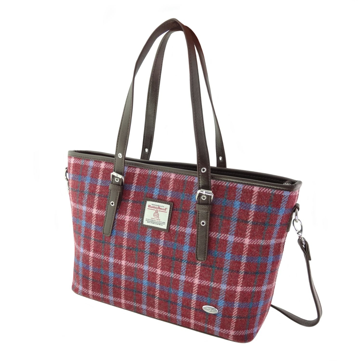 Spey Tote Bag Shoulder Strap with Harris Tweed Burgundy, Pink & Blue Fabric - COL151 | Harris Tweed Scotland