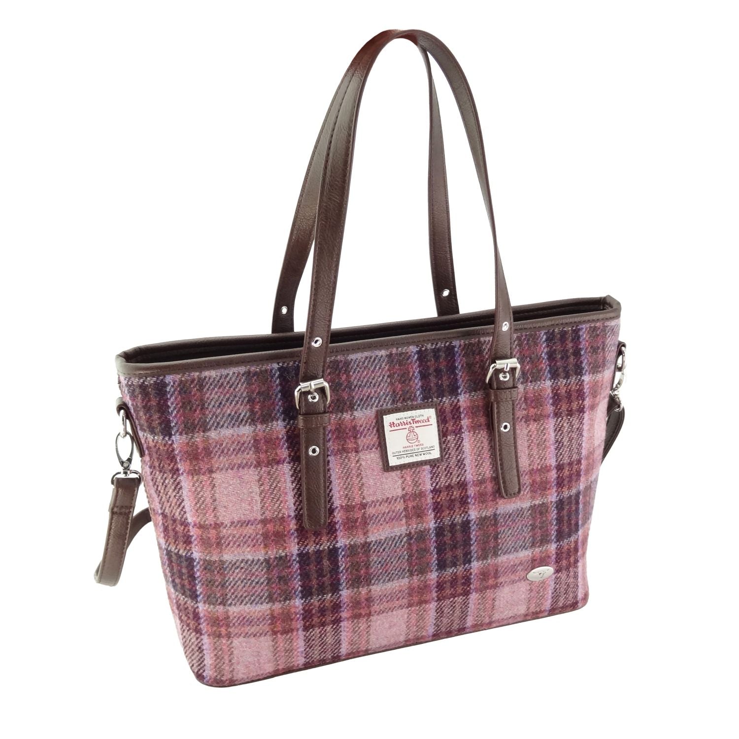 Spey Tote Bag Shoulder Strap with Harris Tweed Pink/Burgundy Check | Harris Tweed Scotland