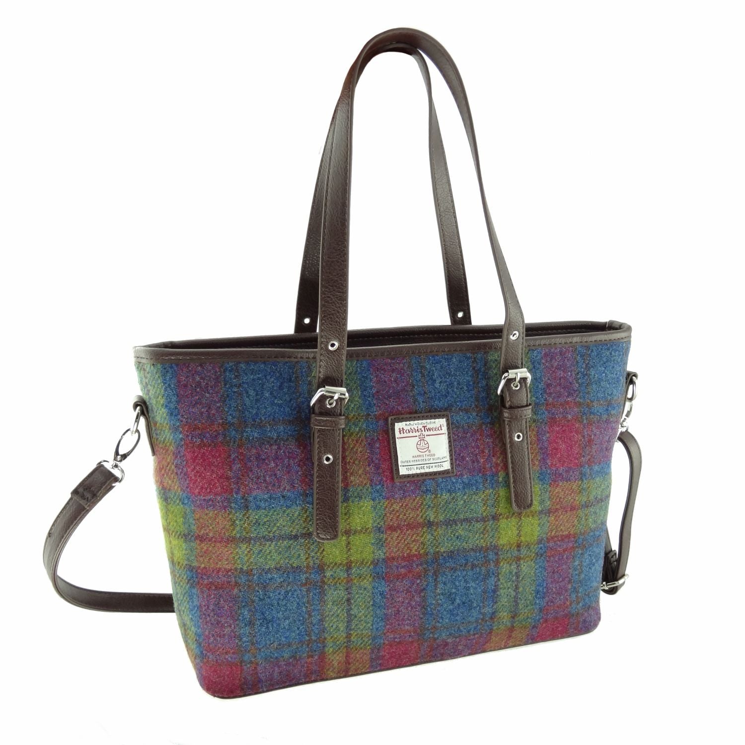 Spey Tote Bag with Shoulder Strap & Harris Tweed Purple, Green & Blue Fabric - COL46 | Harris Tweed Scotland