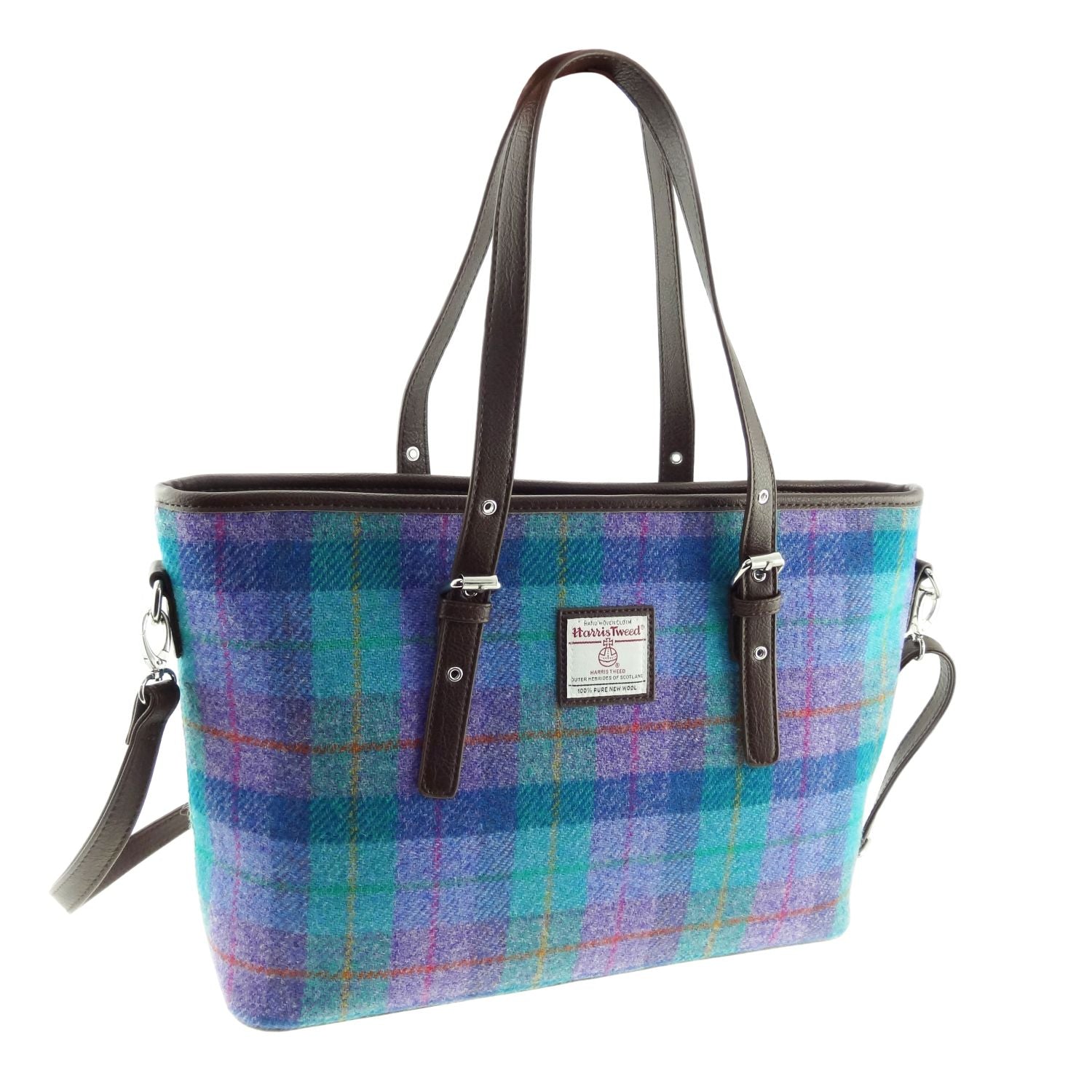 Spey Tote Bag with Shoulder Strap & Harris Tweed Blue Purple Check Fabric - COL79 | Harris Tweed Scotland