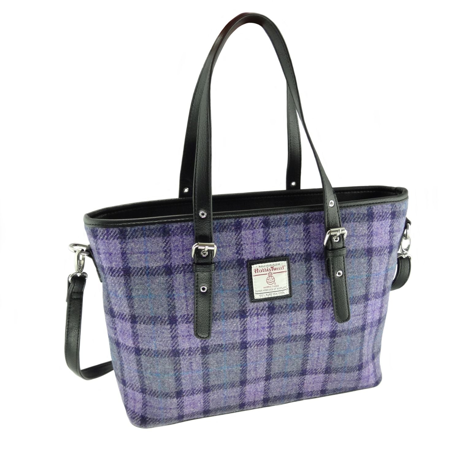 Spey Tote Bag with Black Shoulder Strap & Harris Tweed Purple Check Fabric - COL89 | Harris Tweed Scotland