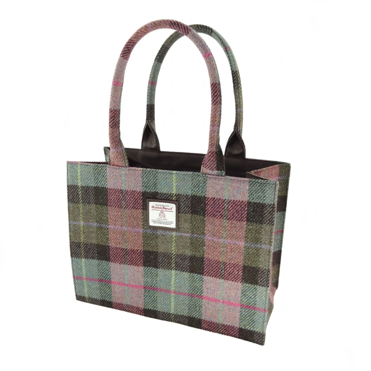 Full Harris Tweed Glencoe Large Tote in Muted Green & Rose Pink Tartan | Harris Tweed Scotland