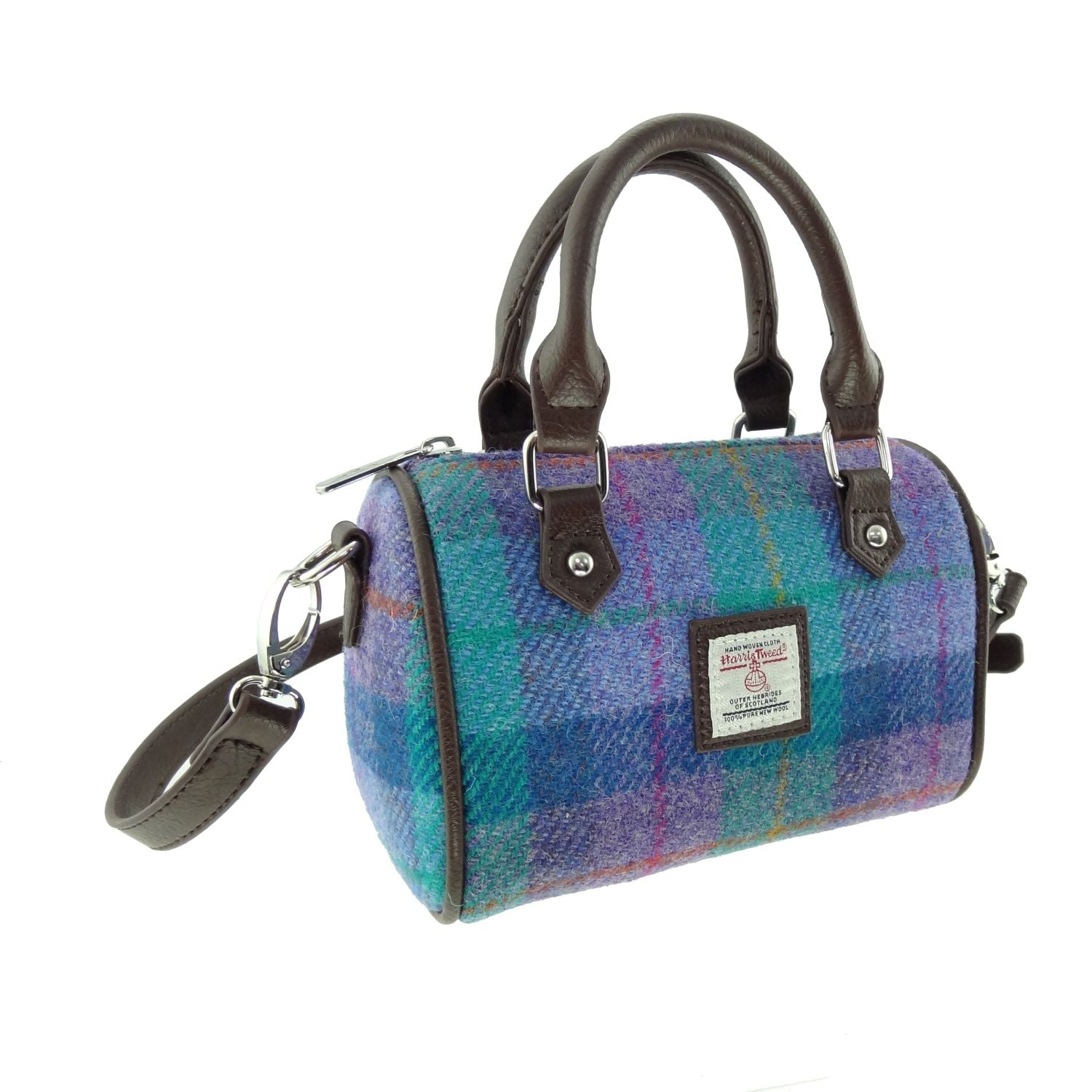Harris Tweed Kilbride Mini Bowling Handbag with Shoulder Strap Blue, Purple & Brown - COL79 | Harris Tweed Scotland