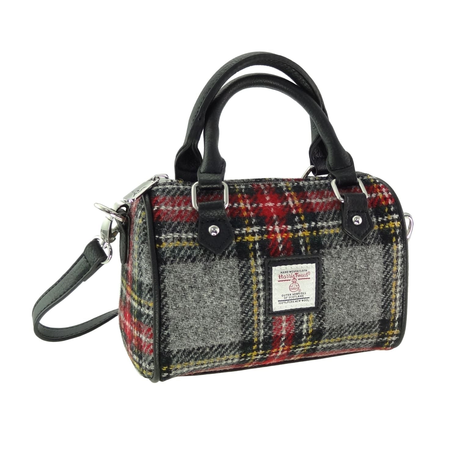 Harris Tweed Kilbride Mini Bowling Handbag with Shoulder Strap Grey, Red, Yellow & Black | Harris Tweed Scotland