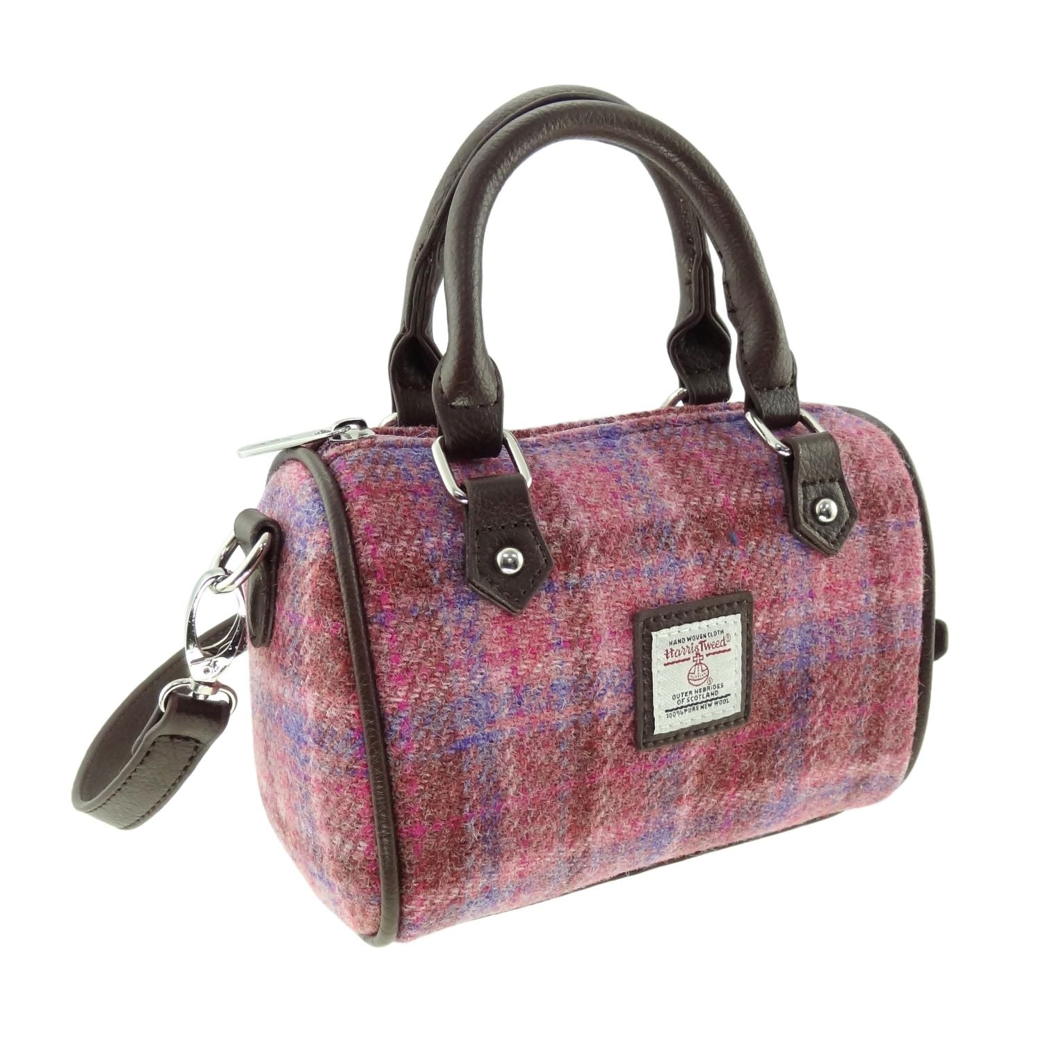 Harris Tweed Kilbride Mini Bowling Handbag with Shoulder Strap Purple & Pink Check - COL103 | Harris Tweed Scotland
