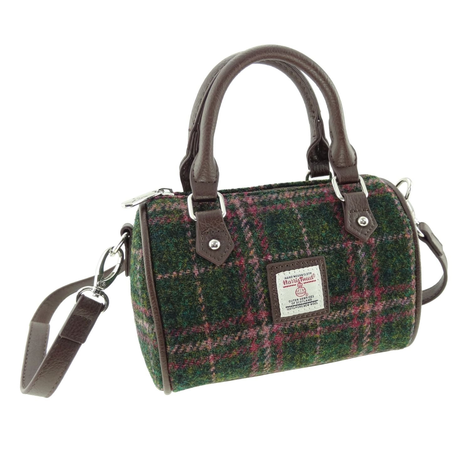 Harris Tweed Kilbride Mini Bowling Handbag with Shoulder Strap Green & Purple Check - COL107 | Harris Tweed Scotland