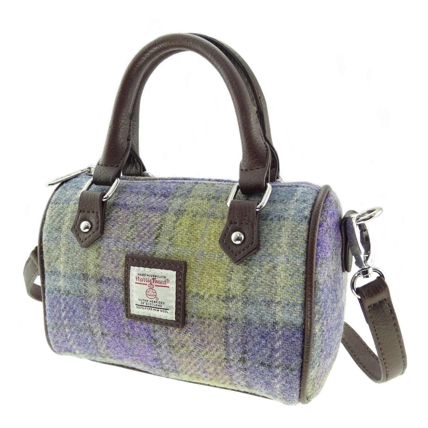 Harris Tweed Kilbride Mini Bowling Handbag with Shoulder Strap Purple & Green - COL112 | Harris Tweed Scotland