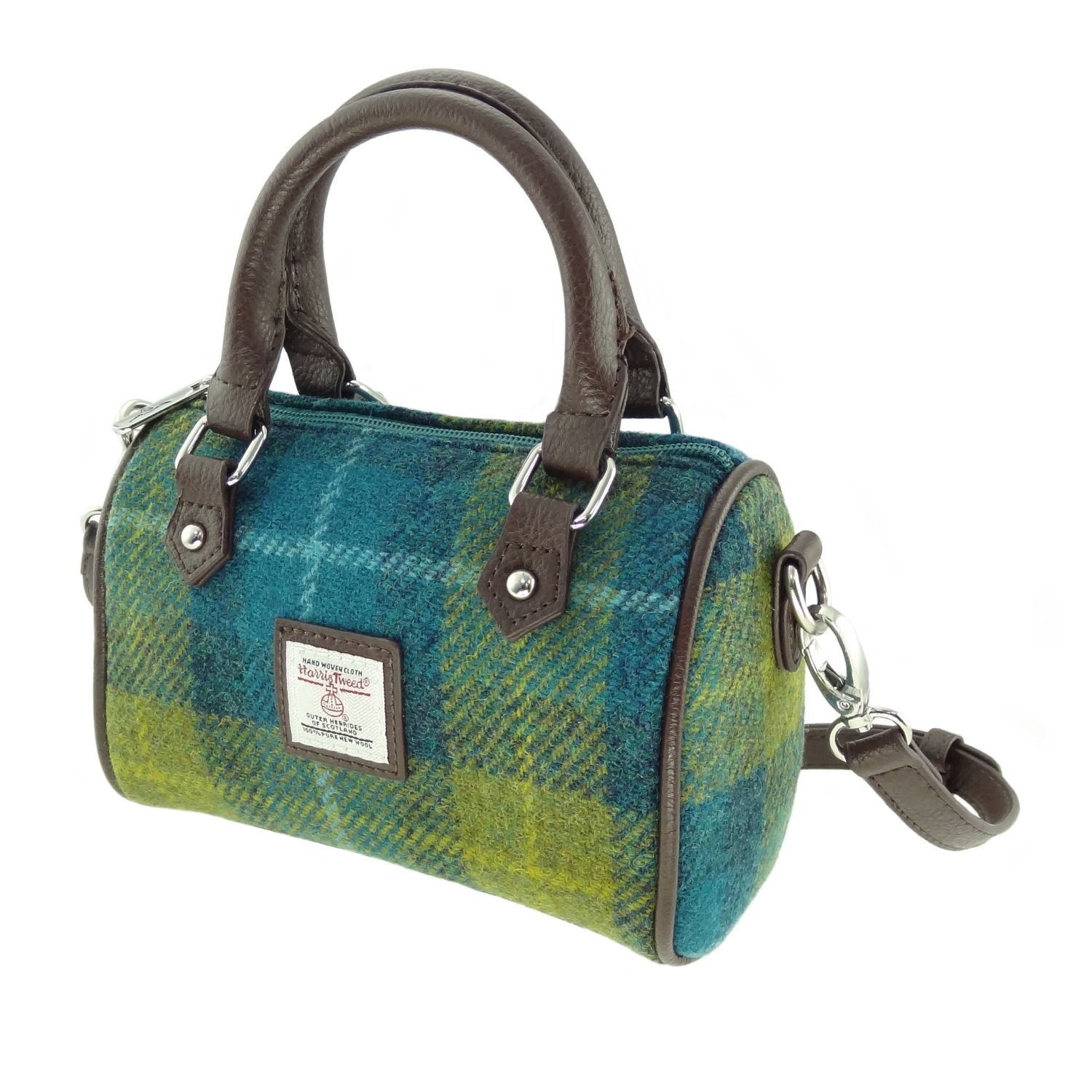 Harris Tweed Kilbride Mini Bowling Handbag with Shoulder Strap Blue & Green Check - COL114 | Harris Tweed Scotland