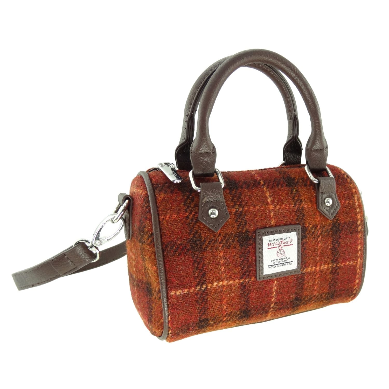Harris Tweed Kilbride Mini Bowling Handbag with Shoulder Strap Brown & Burnt Orange Check - COL117 | Harris Tweed Scotland
