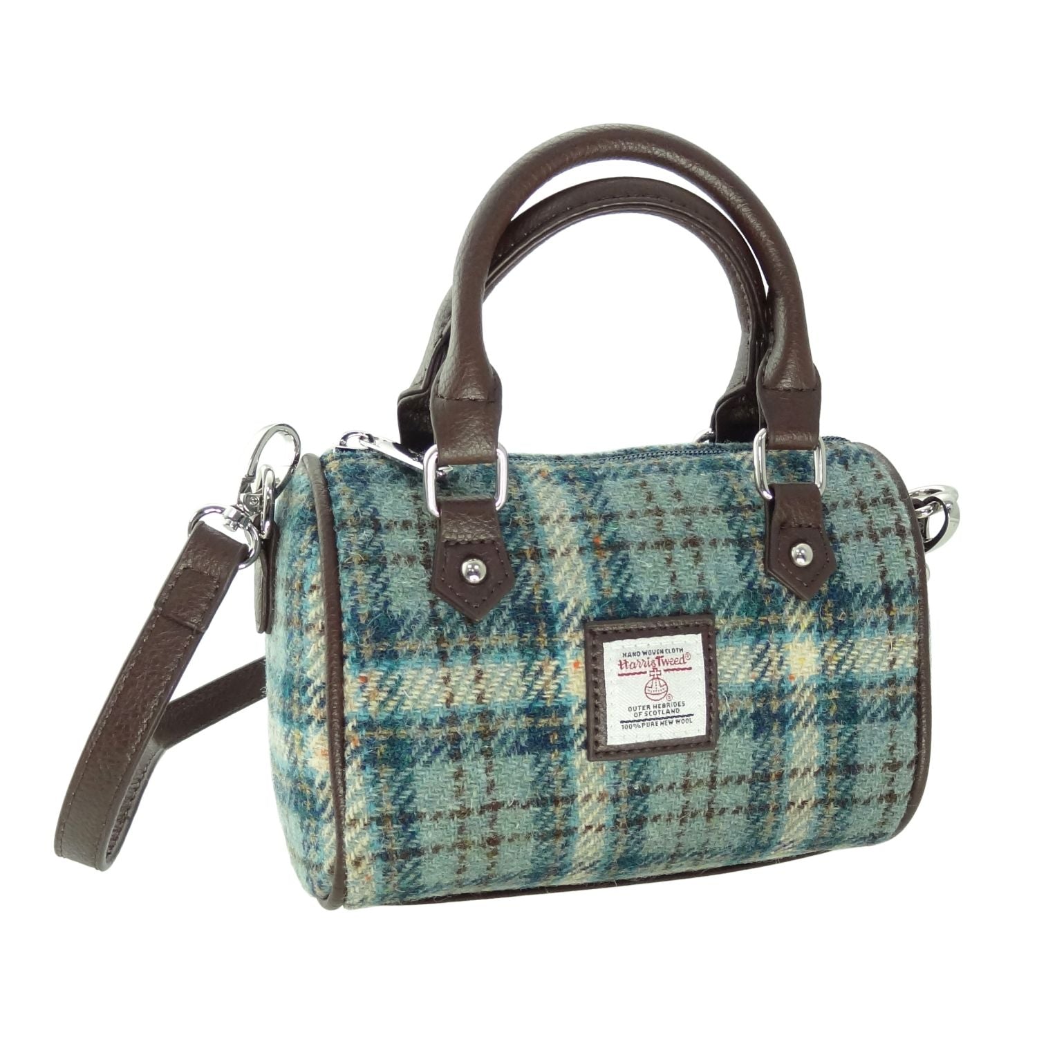 Harris Tweed Kilbride Mini Bowling Handbag with Shoulder Strap Blue, Brown & White Check - COL121 | Harris Tweed Scotland