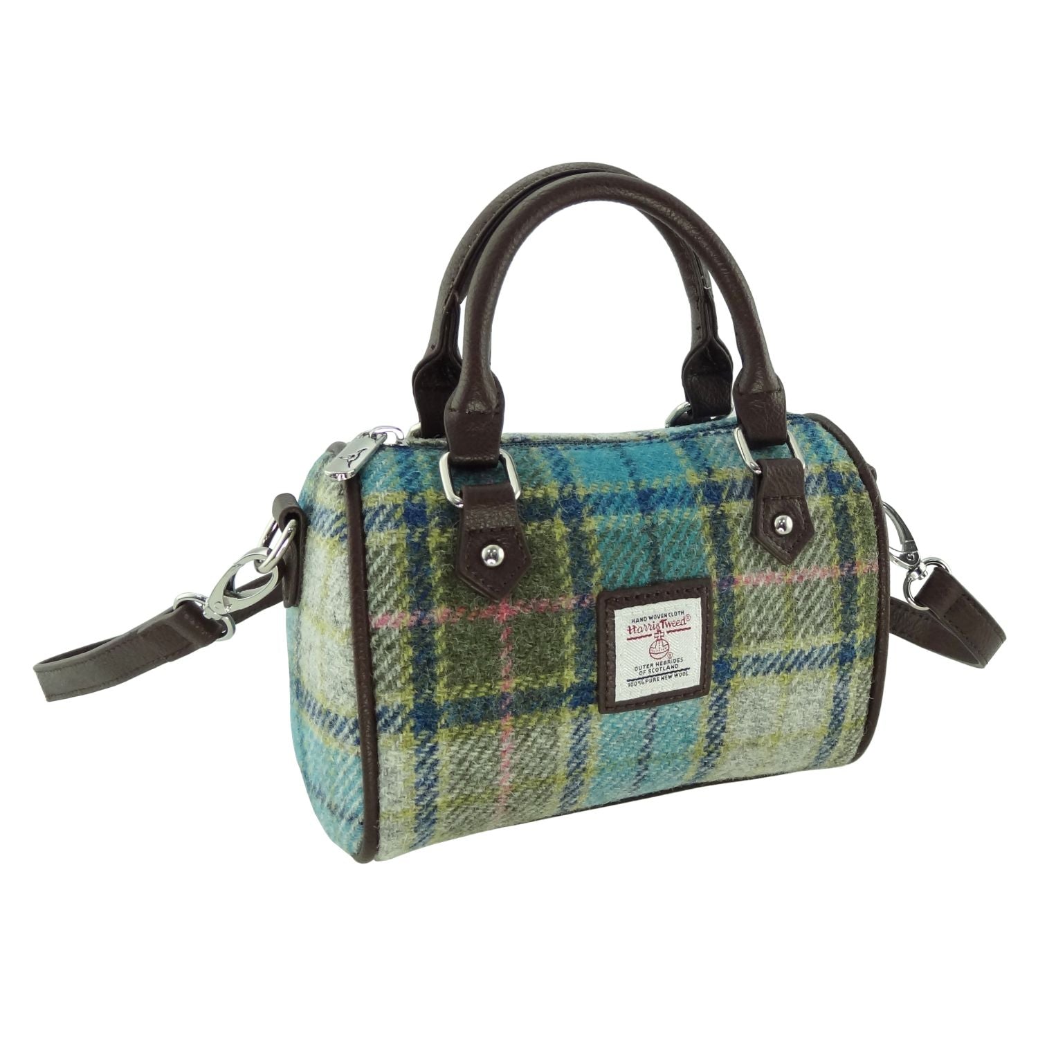 Harris Tweed Kilbride Mini Bowling Handbag with Shoulder Strap Blue & Green Check - COL122 | Harris Tweed Scotland