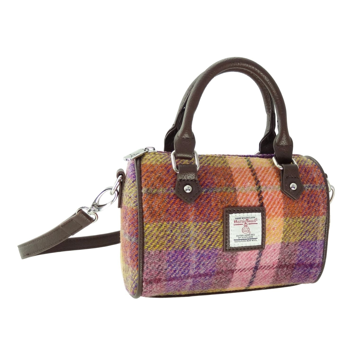 Harris Tweed Kilbride Mini Bowling Handbag with Shoulder Strap Purple, Green & Orange Check - COL124 | Harris Tweed Scotland