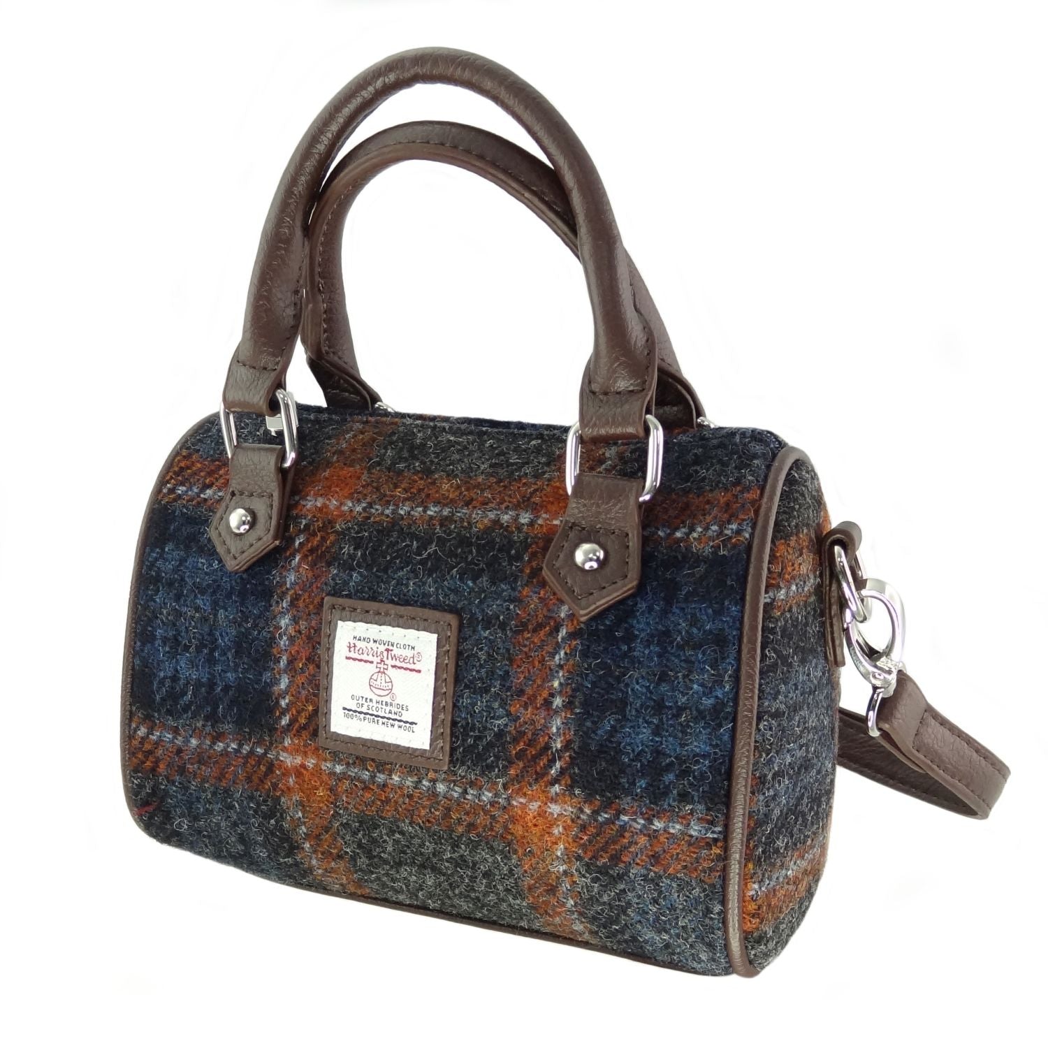 Harris Tweed Kilbride Mini Bowling Handbag with Shoulder Strap Brown Blue & Orange | Harris Tweed Scotland