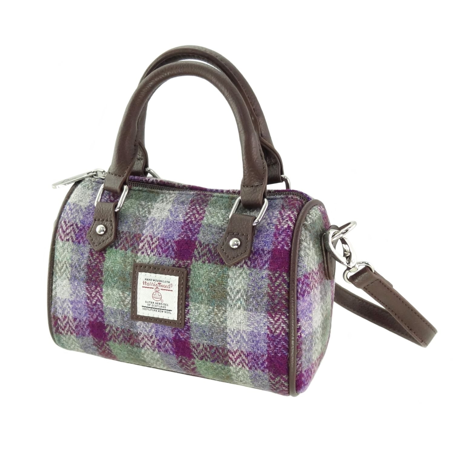 Kilbride Mini Bowling Handbag with Shoulder Strap & Harris Tweed Purple Green Brown Fabric | Harris Tweed Scotland