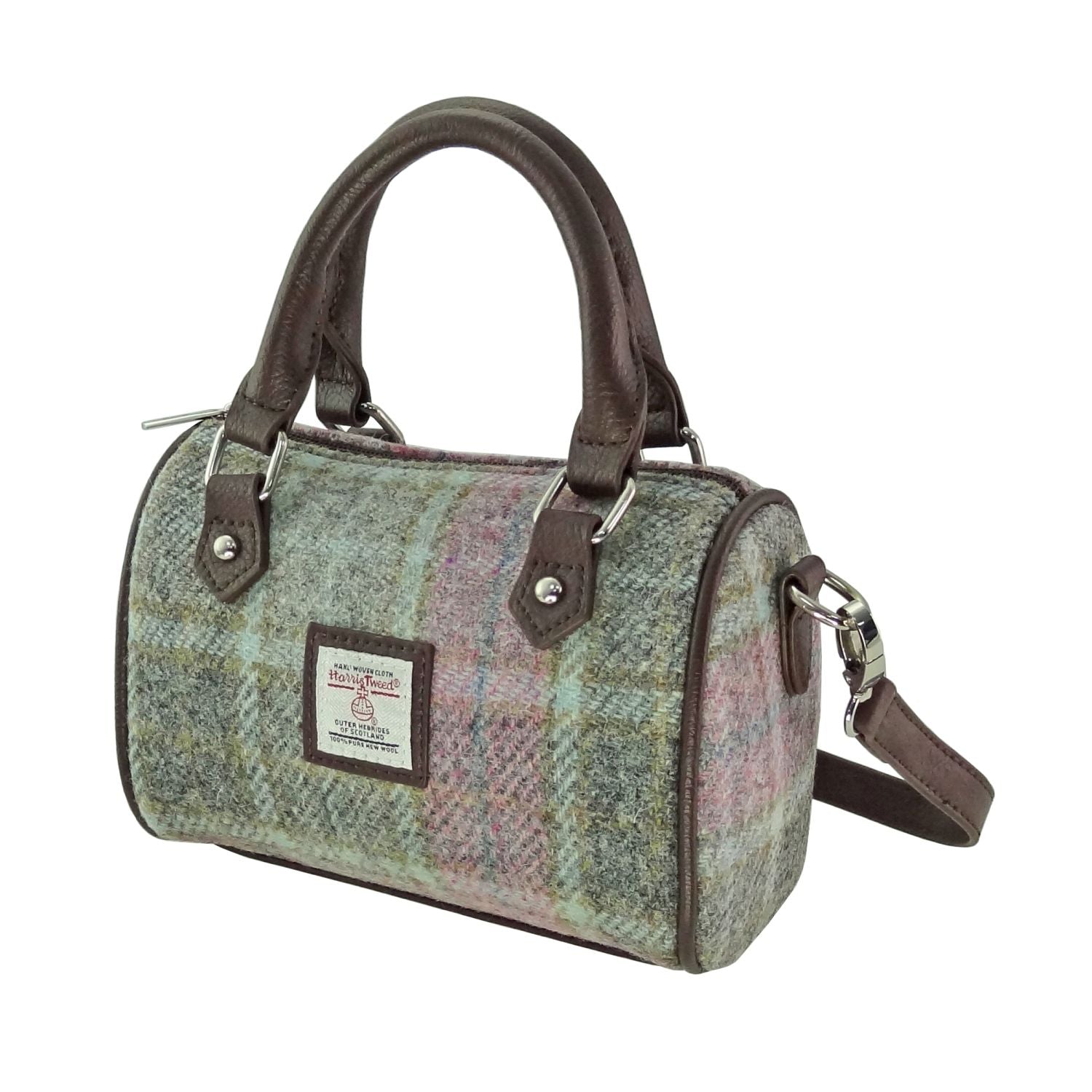Harris Tweed Kilbride Mini Bowling Handbag with Shoulder Strap Purple Green Brown | Harris Tweed Scotland