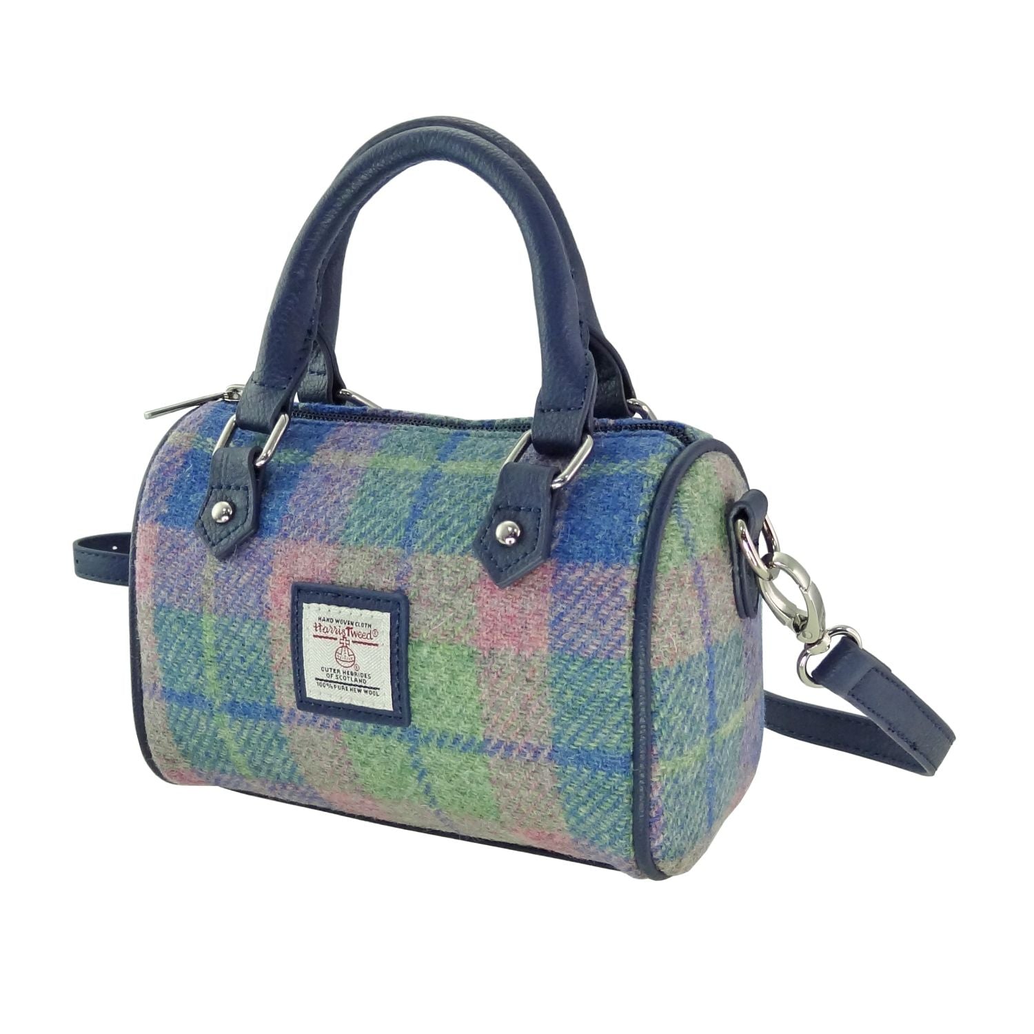 Harris Tweed Kilbride Mini Bowling Handbag with Shoulder Strap Blue Pink | Harris Tweed Scotland