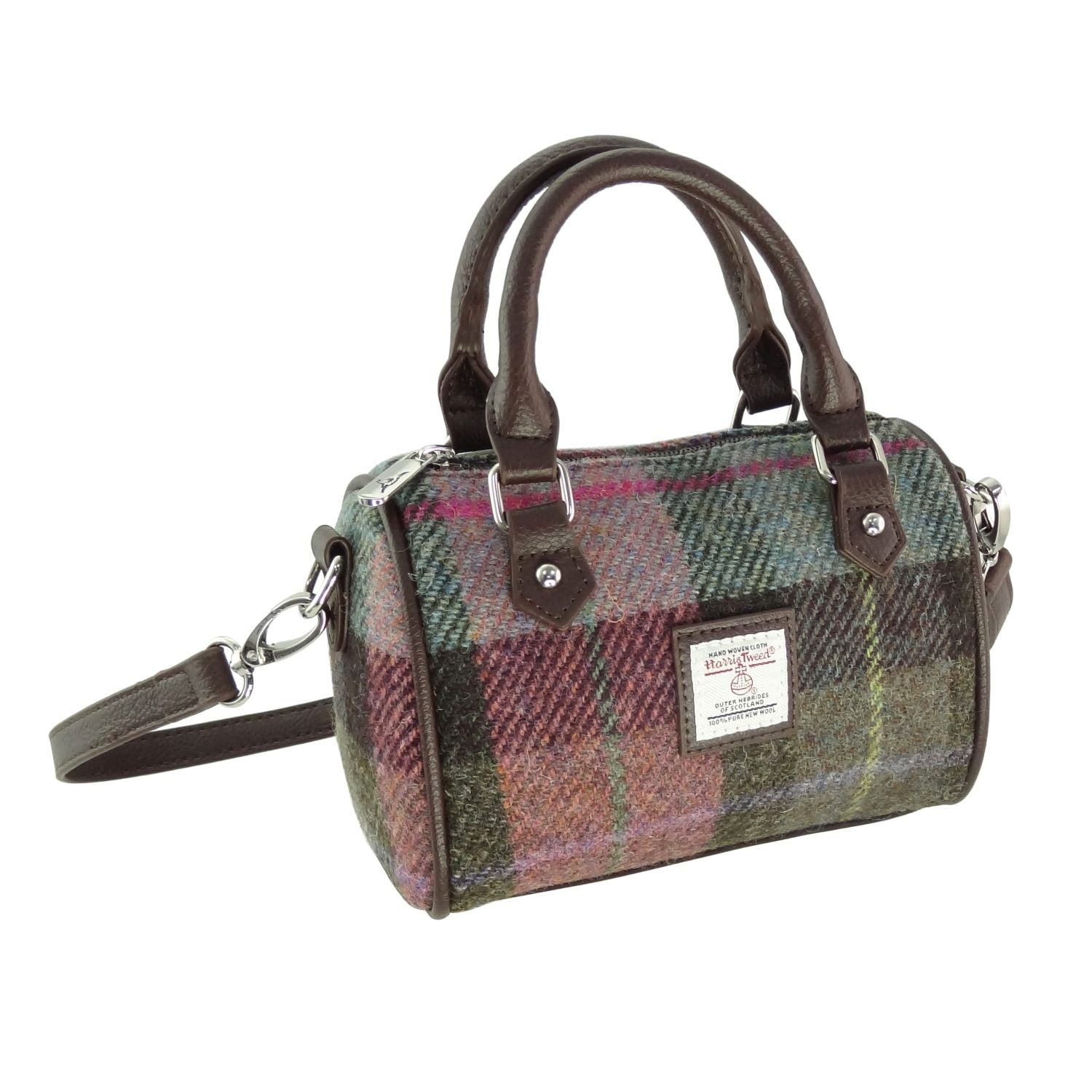 Harris Tweed Kilbride Mini Bowling Handbag with Shoulder Strap Purple Green Brown | Harris Tweed Scotland