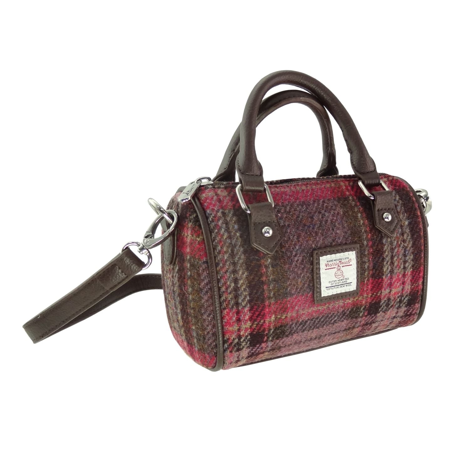 Kilbride Mini Bowling Bag with Shoulder Strap & Harris Tweed Brown Purple Burgundy Fabric | Harris Tweed Scotland