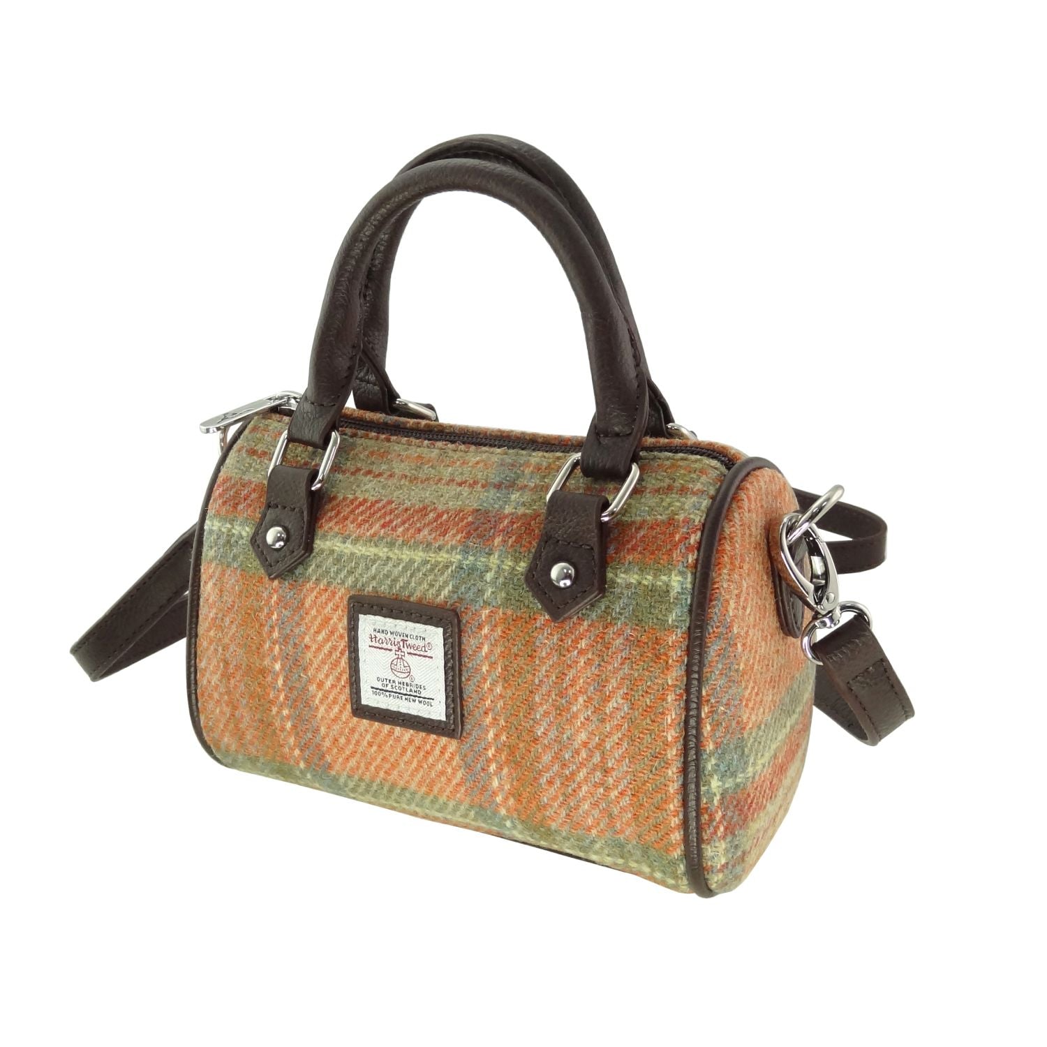 Kilbride Mini Bowling Bag with Shoulder Strap & Harris Tweed Brown Green Orange Fabric | Harris Tweed Scotland